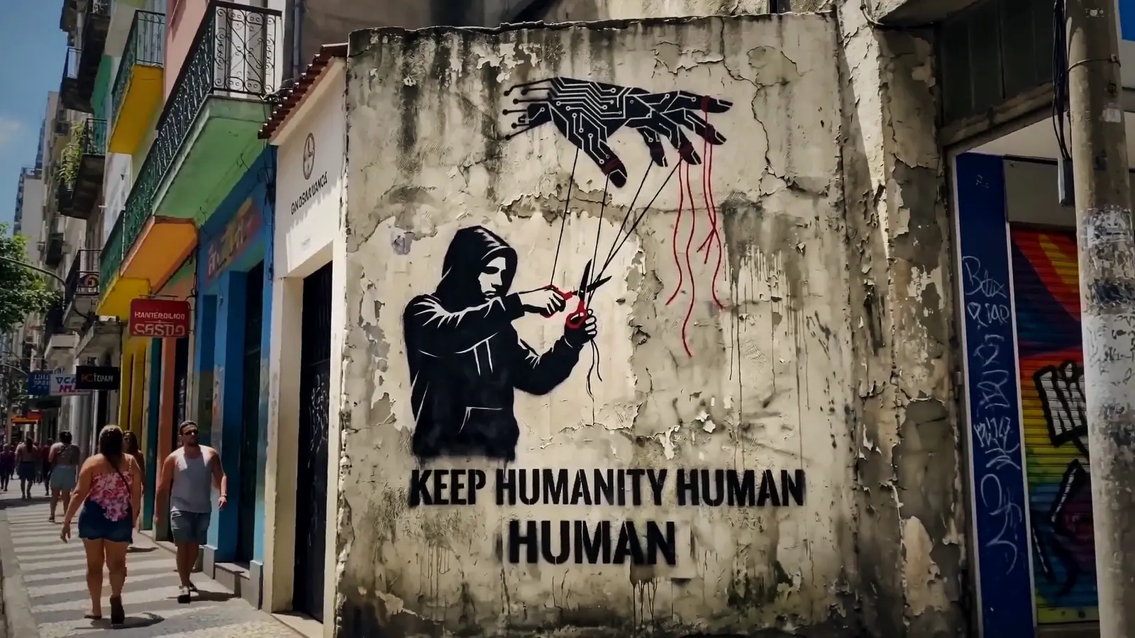 Keep Humanity Human wall painting in an ordinary city passage